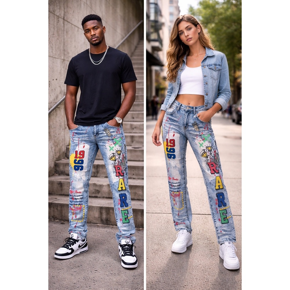 Men's rue21 Premium Supreme Flex Skinny Jeans Graphic Paint Splatter NWT 38x32‎